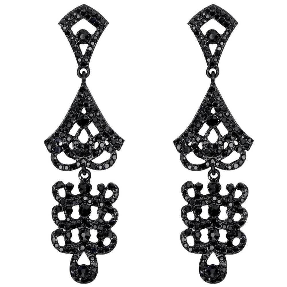 Carbon Black with Black Onyx Crystal Art Deco Chandelier Statement Post Earrings
